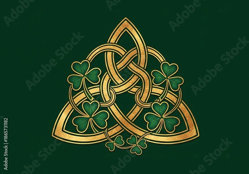 Golden Celtic Trinity Knot With Green Shamrocks on Deep Emerald Background for St Patricks Day Irish Heritage Branding and Luxury Festive Design