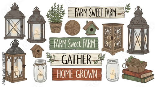 Rustic farmhouse decor elements with lanterns, signs, and jars on white background, evoking a cozy homegrown atmosphere with vintage