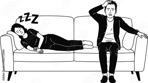 Couple on sofa illustration, woman sleeping and man stressed, relationship problem concept, emotional conflict, domestic life, black and white line art