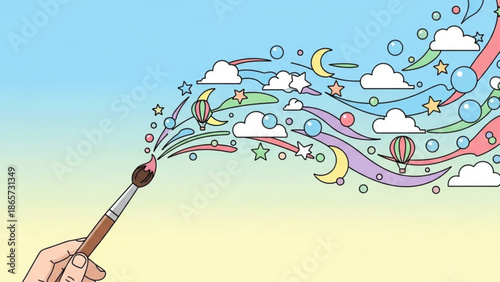 A hand holding a paintbrush creating a whimsical scene with colorful swirling ribbons, stars, clouds, hot air balloons, and bubbles with art