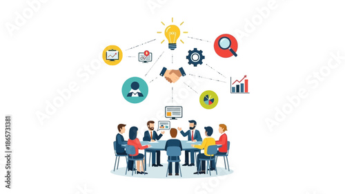 Team Meeting with Business Icons and Graphics.