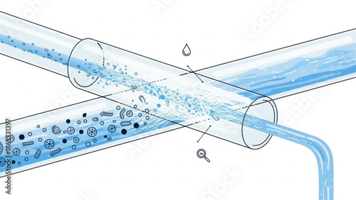 Water filtration process in a pipe with contaminants being removed, clean water flowing out, illustrating purification and treatment