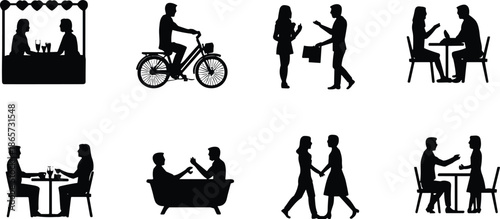 People silhouette activities set including dining, conversation, dating, cycling, and social interaction scenes, lifestyle relationship concept illustration