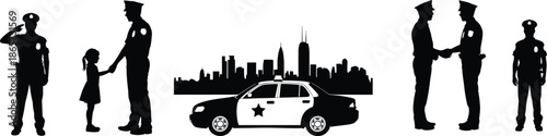 Police officer silhouettes with child and patrol car, law enforcement teamwork, urban city skyline, public safety concept, black and white 