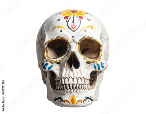 Colorful Decorative Mexican Skull with Vibrant Floral Patterns Celebrating Day of the Dead