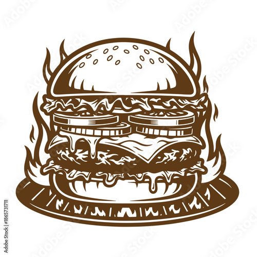 Vintage brown illustration of double cheeseburger with flames around isolated on white background