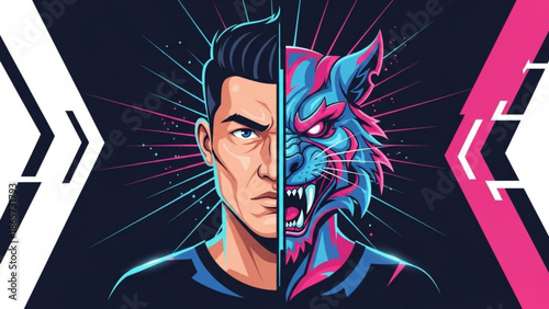 A split face illustration of a determined man and a fierce wolf with neon pink and blue accents on a dark background with geometric with art