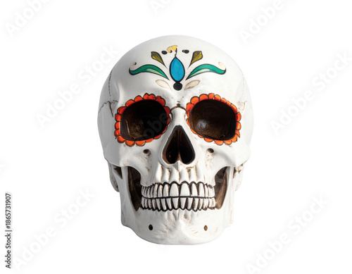 Colorful Decorative Skull Figurine with Ornate Designs Celebrating Mexican Day of the Dead