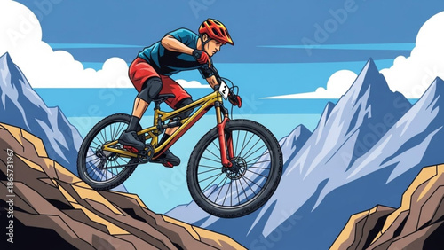 Man riding mountain bike off cliff edge in front of rocky mountain range with blue sky and white clouds with mountain biking with bicycling