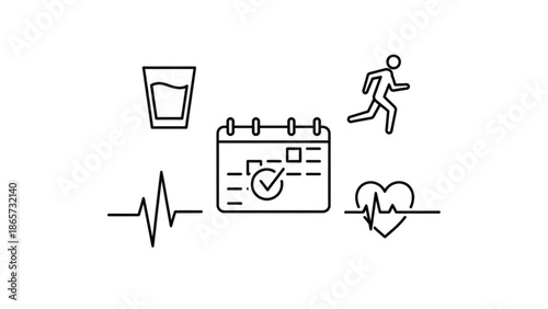 A line icon set of a glass of water, calendar with a checkmark, running person, and heart rate lines with a heart, symbolizing with wellness