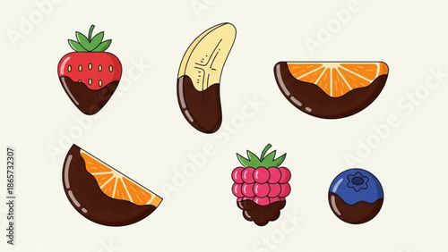 Chocolate dipped fruit including strawberries, bananas, oranges, raspberries and blueberries, a sweet and healthy snack option with dessert