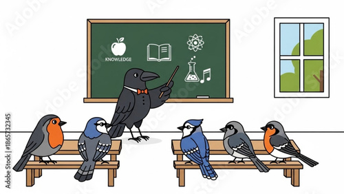 A teacher black bird standing on a desk in front of a classroom of six students birds on benches learning in a school with education