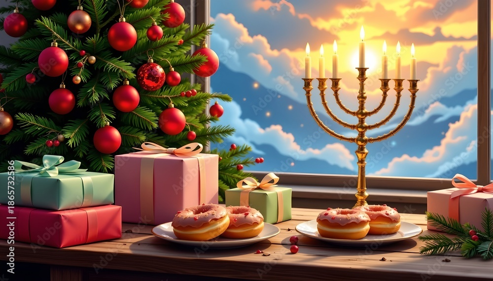 Naklejka premium Festive Holiday Display with Treats and Menorah Under Starry Night