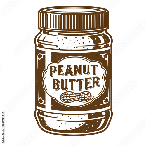 Vintage peanut butter jar illustration with brown and white label and cap on white background