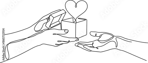 Single line drawing of hands exchanging heart gift romantic gesture concept