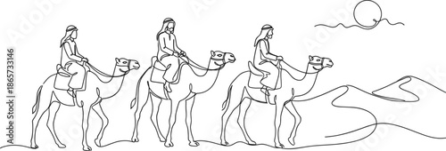Arab men riding camels in desert Continuous one line art