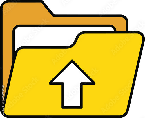 Bright yellow folder icon illustrates a document upload process featuring a prominent white upward arrow symbol inside.