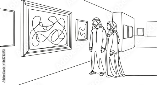 Muslim people looking at art picture in galery Arab middle east cloth Continuous one line drawing