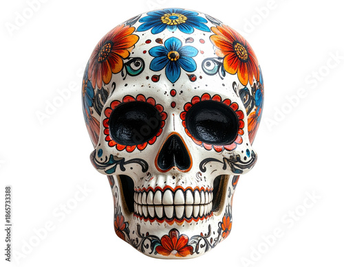 Colorful Decorative Skull with Floral Patterns Symbolizing Mexican Culture and Celebration