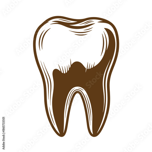 Vintage Brown tooth illustration with white lines on white background