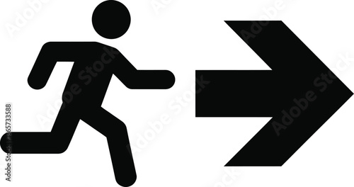 Black silhouette of a running figure points toward a large rightward directional arrow sign icon.