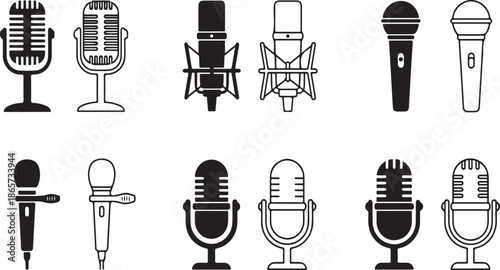 Set Of Black Solid And Outline Icons Representing Various Types Of Microphones