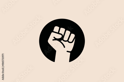 Raised clenched fist silhouette inside a dark circle symbolizes protest, power, solidarity, and social movement concept.
