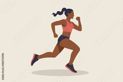 Athletic woman with dark skin and ponytail runs vigorously forward wearing sports attire on a neutral background.