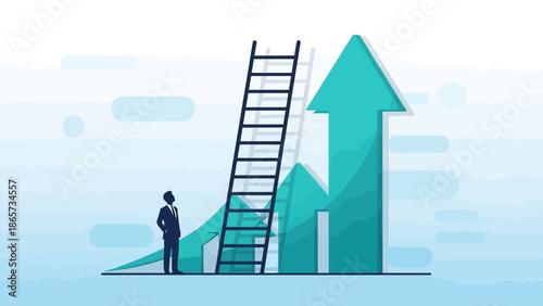 Man Standing Near Ladder and Rising Arrow.