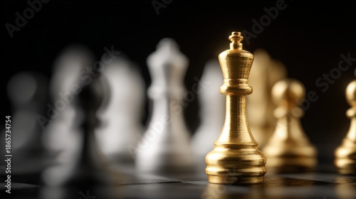 Golden chess king piece stands prominently in the foreground against blurred opponents on a dark board