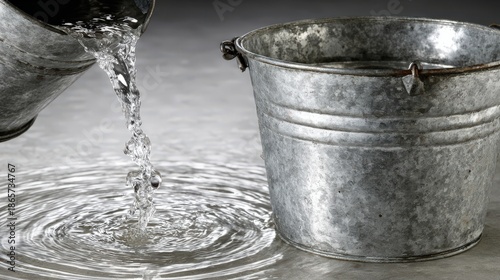 Clear liquid streams from one galvanized metal container into a surface creating concentric ripples.