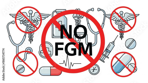 No FGM symbol with medical icons vector illustration against female genital mutilation concept of health and human rights isolated on white