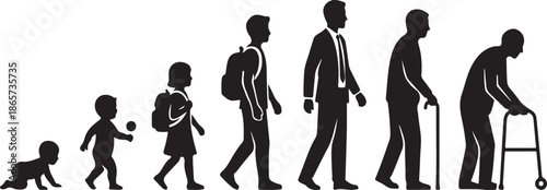 **Black Silhouettes Representing the Stages of Human Life and Aging from Infancy to Old Age Vector Illustration on White Background**