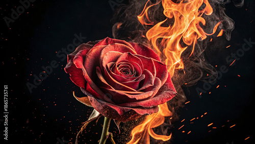 Burning love: A red rose engulfed in flames symbolizing a painful breakup