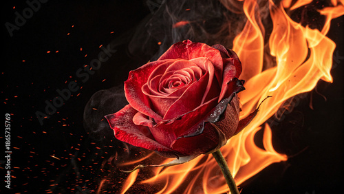 Burning love: A red rose engulfed in flames symbolizing a painful breakup