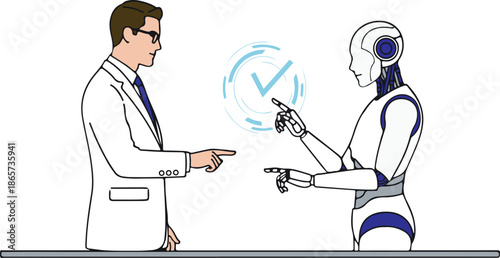 AI Robot Leading Corporate Business Meeting with Virtual Touch Screen Interface Illustration