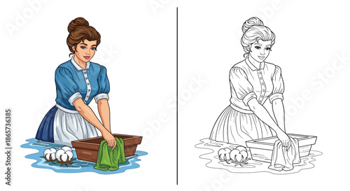 Woman Washing Clothes in Basin With Cotton Color and Detailed Sketch Illustration