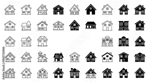 Large collection of simple house icons in black line and solid styles representing various home and real estate designs.