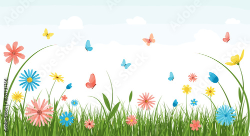 Vibrant spring meadow with colorful flowers and grass under a bright blue sky with soft white clouds and butterflies.