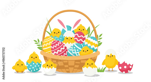 Festive Easter basket filled with patterned eggs and adorable yellow chicks with bunny ears appearing from behind the eggs on a white base.