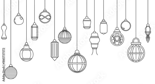 Line art illustration of decorative hanging ornaments and lanterns of different shapes and sizes suspended by thin lines for holiday decor.
