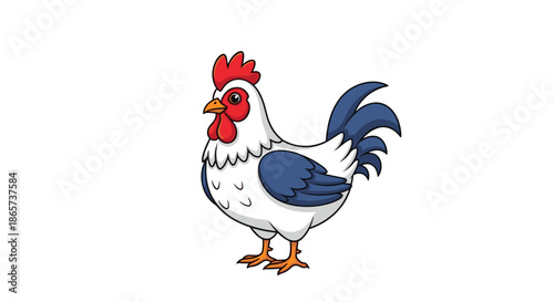 Detailed cartoon illustration of a colorful rooster with white feathers, blue wings and tail, and a bright red comb on a plain background.