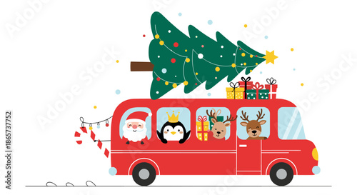 Red holiday bus driven by Santa Claus with a penguin and reindeer passengers carrying a large Christmas tree and gifts on roof in the snow.