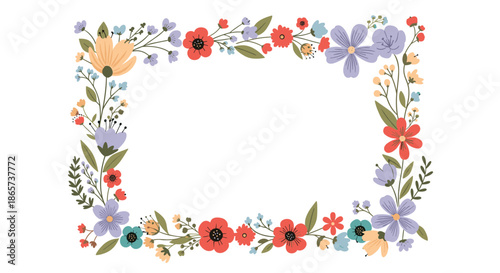 Elegant rectangular floral frame composed of colorful flowers and green leaves in soft hues of red, purple, and yellow on a white background.