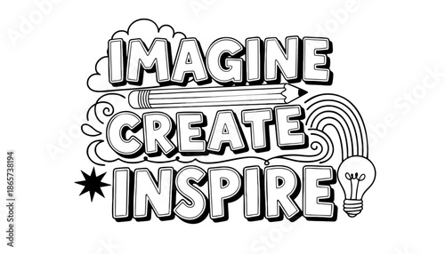 A creative illustration with the words Imagine Create Inspire on transparent background