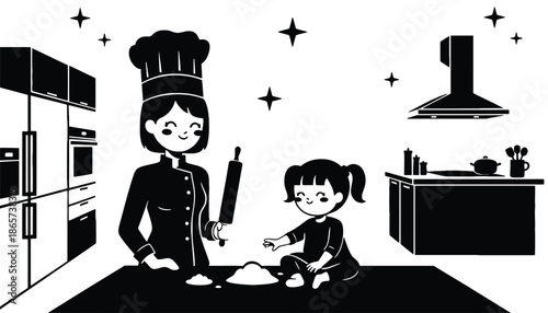 A chef and a little girl baking together in a kitchen silhouette