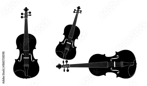 Minimalist black violin silhouettes vector set isolated on white background for music logos and branding
