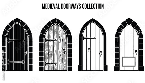 A collection of medieval doorways with various designs on transparent background