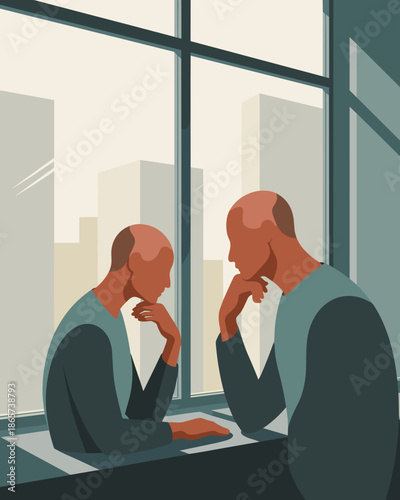 Modern Minimalist Man Gazing Out Office Window Reflecting in Glass Business Concept