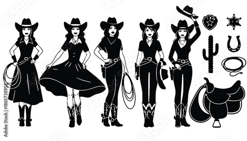 A group of cowgirls in various poses with western accessories silhouette on transparent background